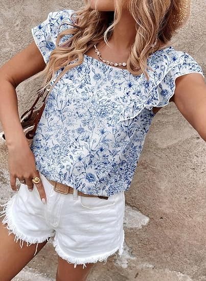 Blue Floral Ruffle Sleeve Blouse image 3